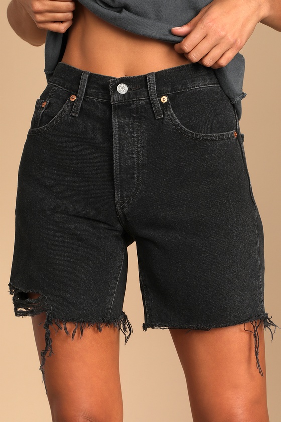 Levi s 501 Mid Thigh Long Denim Shorts Black Cutoff Shorts Lulus