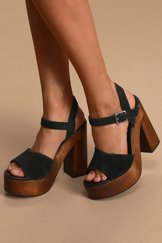 Lolita Leather Black Suede Wooden Platform Heels 5