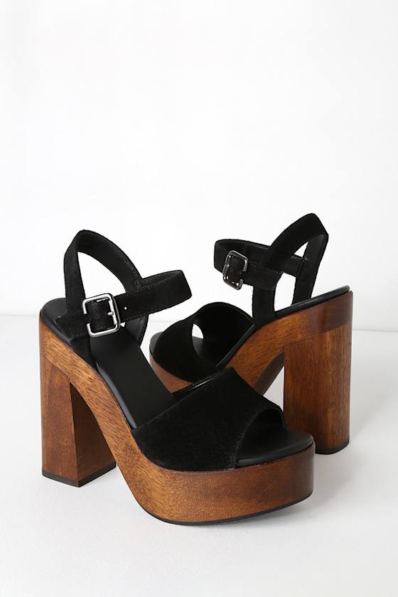 Lolita Leather Black Suede Wooden Platform Heels 4