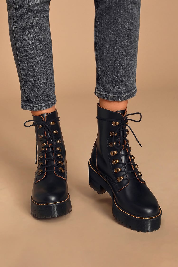 Leona Black Vintage Smooth Leather Lace-Up Platform Boots