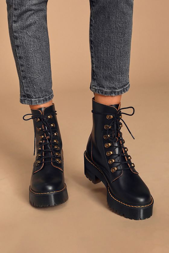Leona Black Vintage Smooth Leather Lace-Up Platform Boots 6