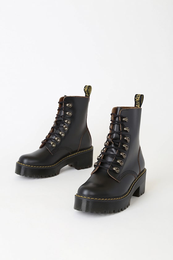 Leona Black Vintage Smooth Leather Lace-Up Platform Boots 7