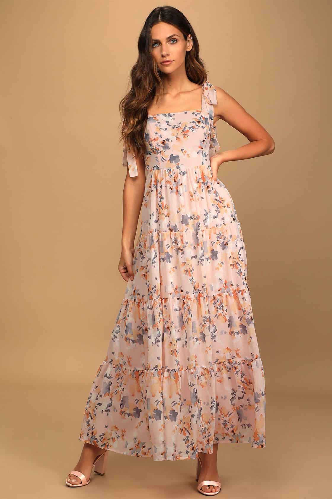 Pink Floral Baby Shower Guest Dress with Floral Print and Tiered Ruffles