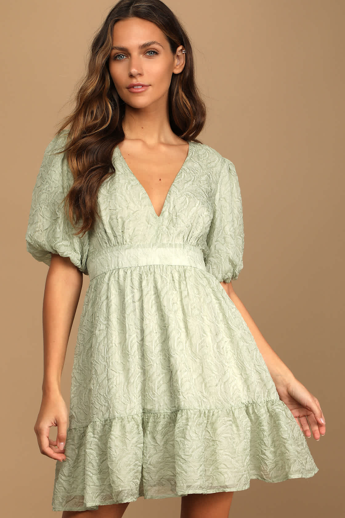 Sage Green Organza Dress Puff Sleeve Mini Dress VNeck Dress Lulus