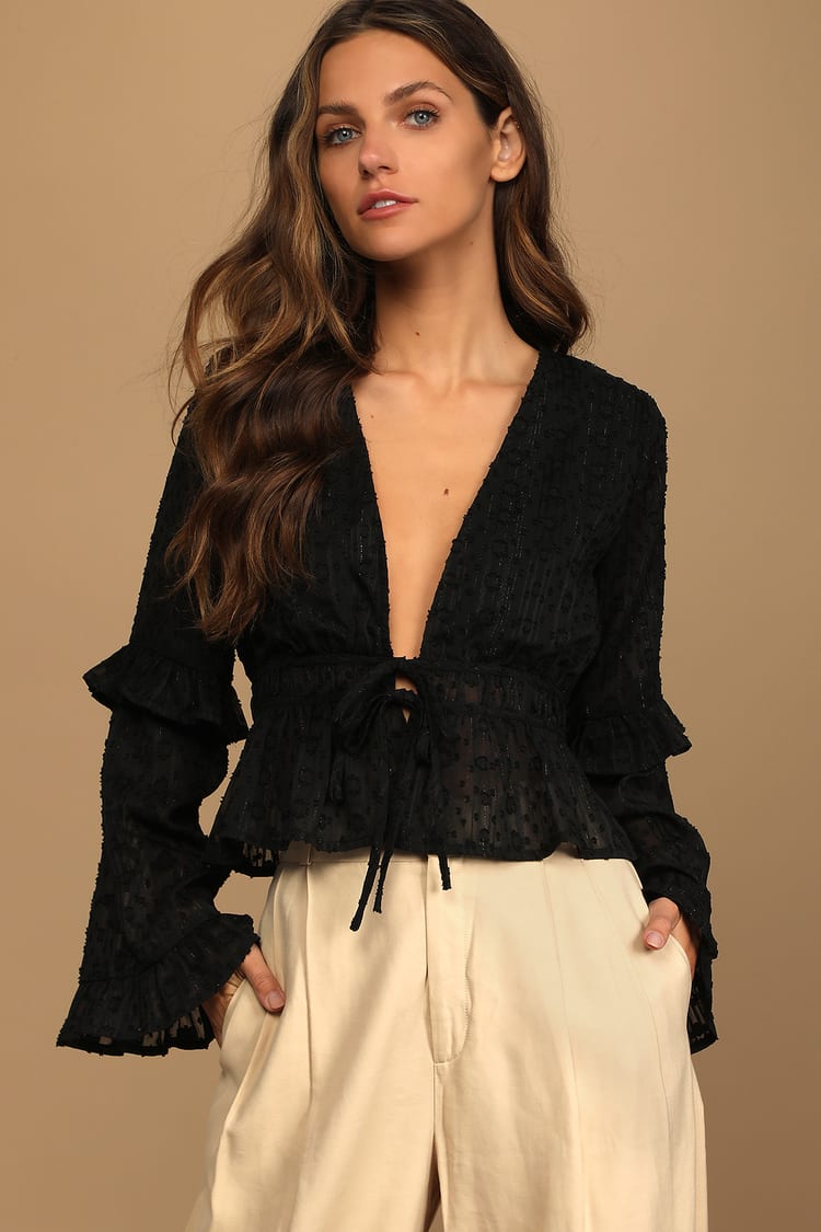 Going Out Vibes Black Long Sleeve Tie-Front Top