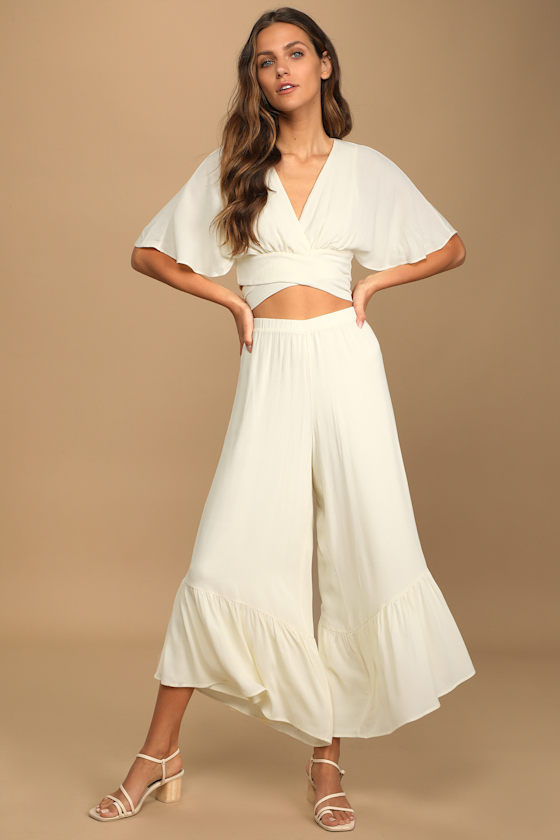 Vacation Time Cream Short Sleeve Two-Piece Jumpsuit 4