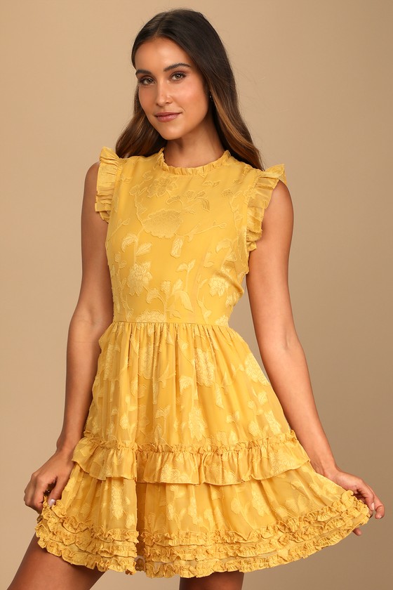 Lulus | True as Can Be Mustard Yellow Burnout Floral Ruffled Mini Dress | Size Large | 100% Polyester