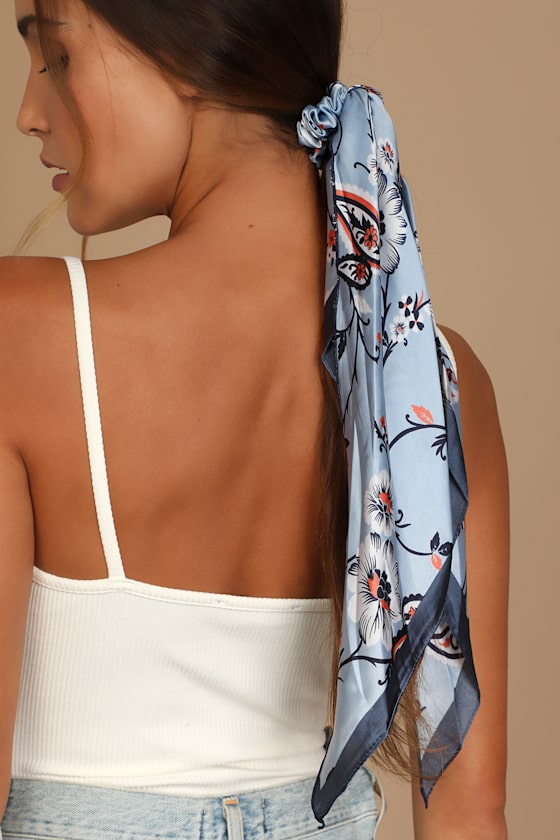 Sweet Devotion Blue Multi Print Scarf Ponytail Holder 1