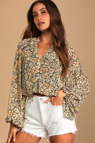 Season of Blooms Cream Multi Floral Print Balloon Sleeve Top