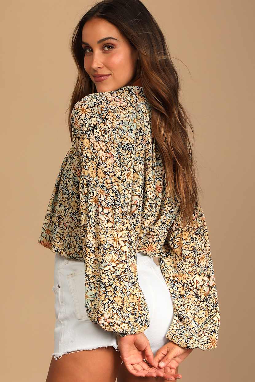 Season of Blooms Cream Multi Floral Print Balloon Sleeve Top