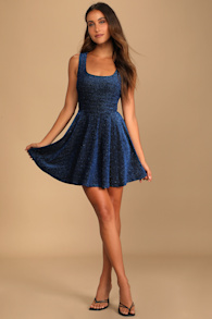 Best Date Ever Blue Metallic Skater Mini Dress 5