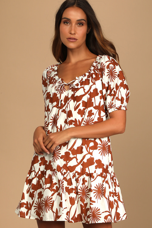 Lulus x LUSH Completely Cute White and Brown Floral Print Babydoll Dress