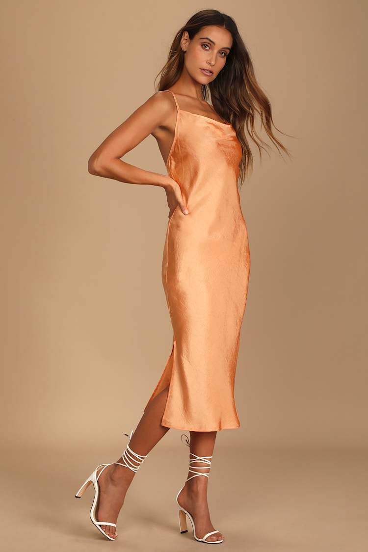 light orange silk dress Graceful Elegance One Shoulder Satin Maxi Dress Orange Size M from Hello Molly
