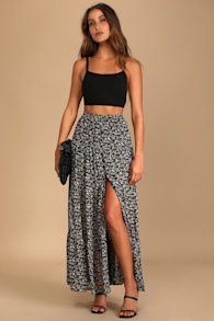 Subtle Sweetness Black Floral Print Tiered Maxi Skirt 5