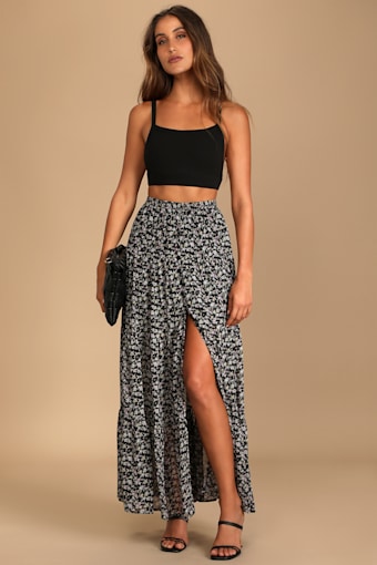 Subtle Sweetness Black Floral Print Tiered Maxi Skirt 5