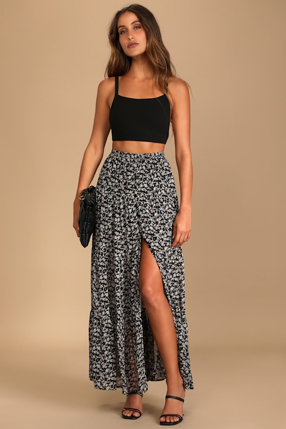 Subtle Sweetness Black Floral Print Tiered Maxi Skirt 5