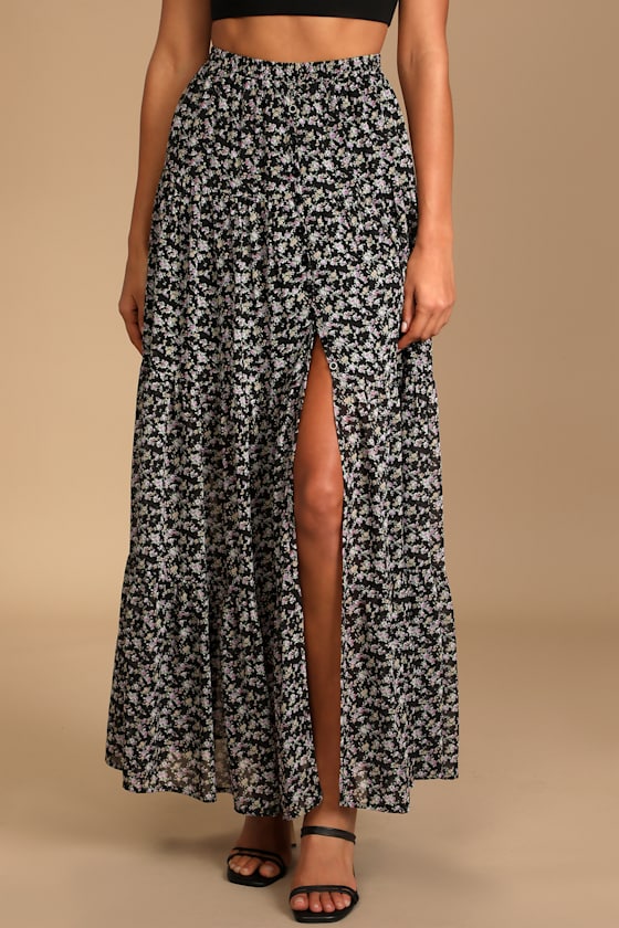 Subtle Sweetness Black Floral Print Tiered Maxi Skirt 4