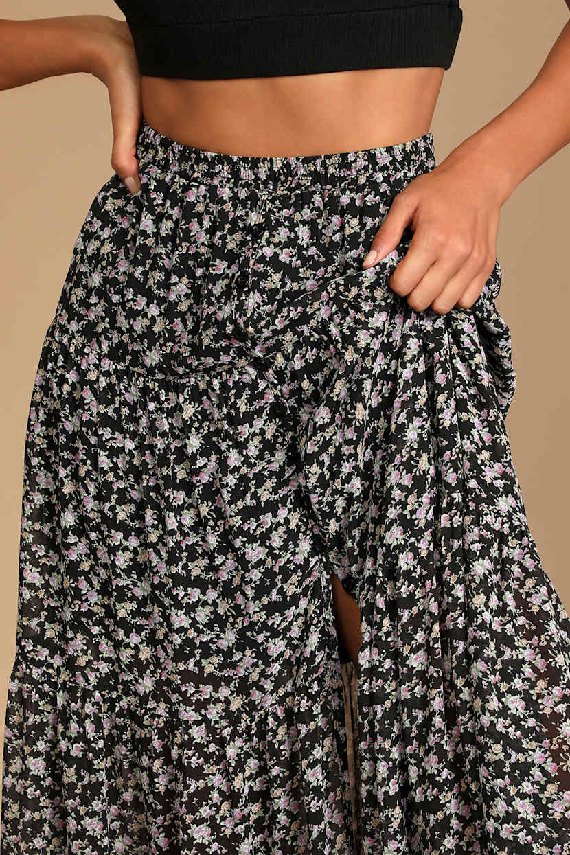 Subtle Sweetness Black Floral Print Tiered Maxi Skirt