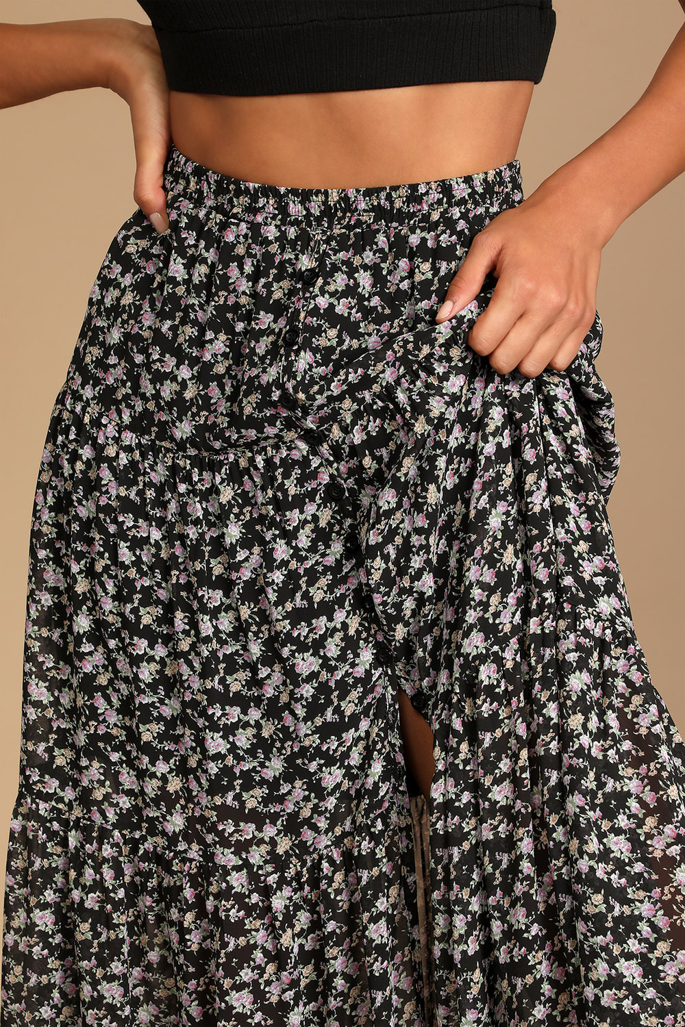 Subtle Sweetness Black Floral Print Tiered Maxi Skirt
