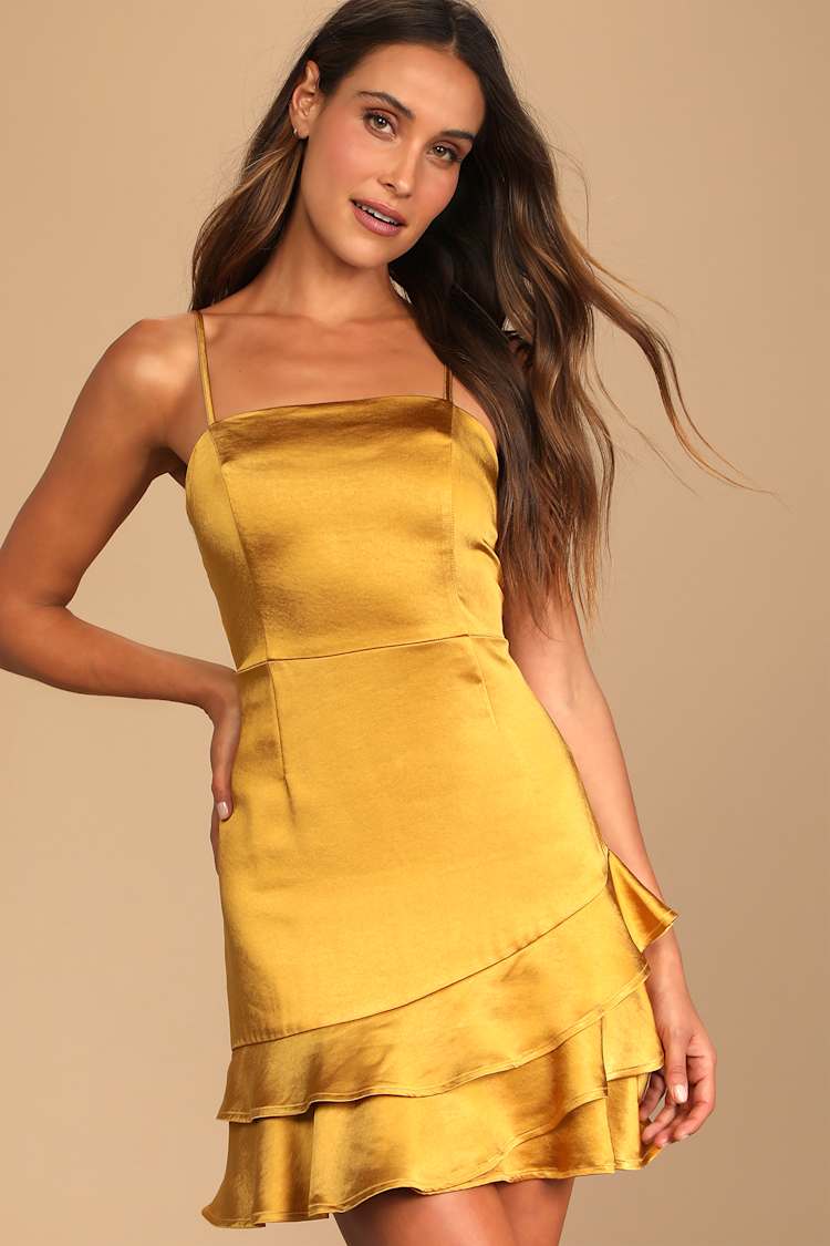 yellow satin ruffle mini dress Yellow Silk Satin Ruffle Mini Dress DVL Shop
