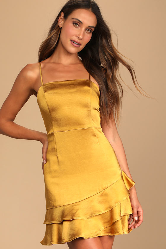 Glam Mustard Yellow Dress Satin Dress Ruffled Mini Dress Lulus