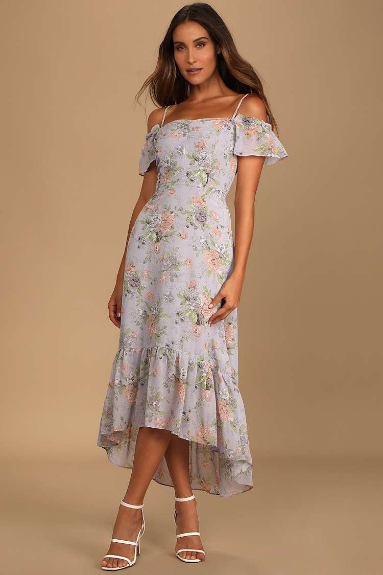 Lavender Midi Dress - Floral Print Dress - Cold-Shoulder Dress - Lulus