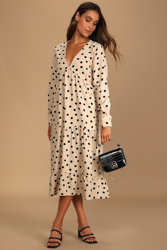Dotty Beige Polka Dot Long Sleeve Tiered Maxi Dress 11