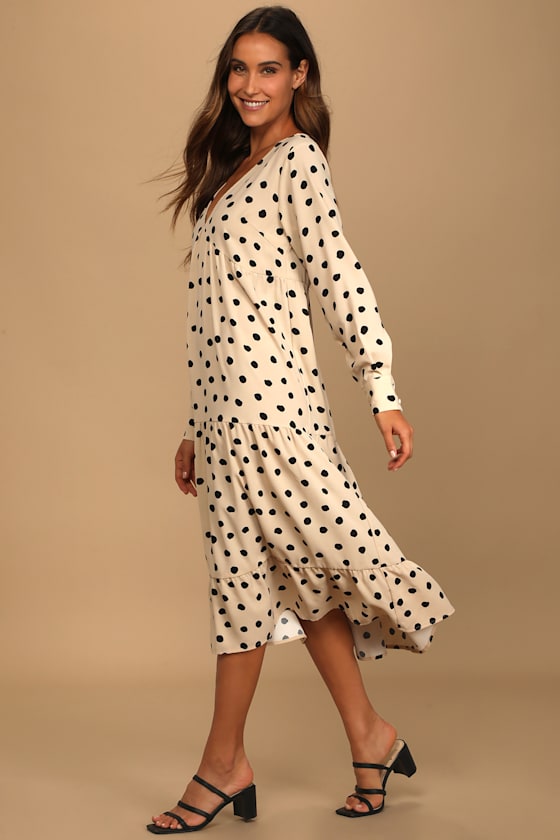 Dotty Beige Polka Dot Long Sleeve Tiered Maxi Dress 12