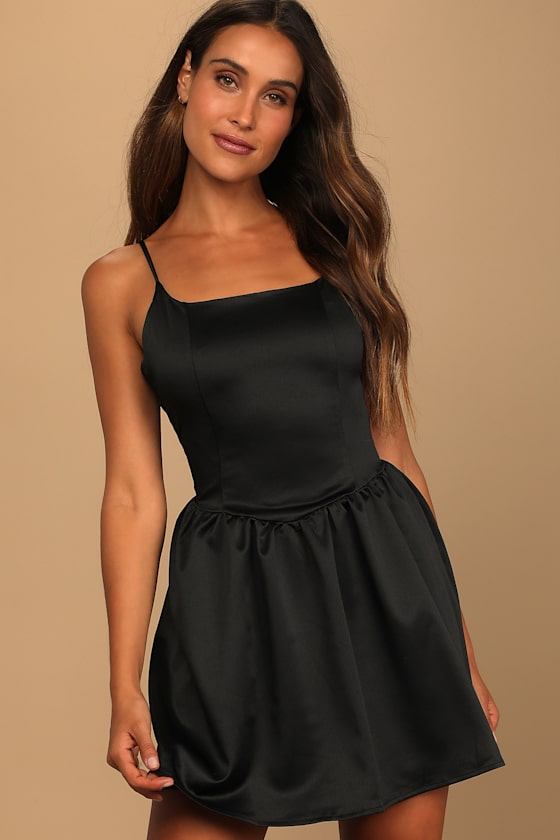 Too Haute to Handle Black Satin Skater Dress 10