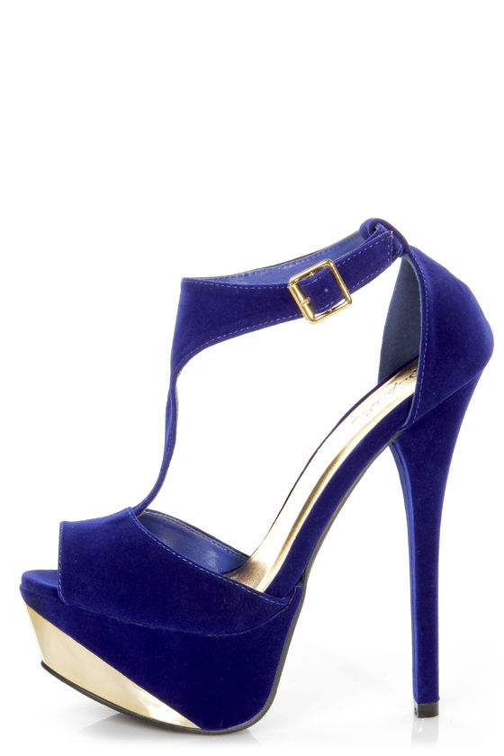 Qupid Count 09 Royal Blue Velvet and Gold T Strap Platform Heels - $37. ...