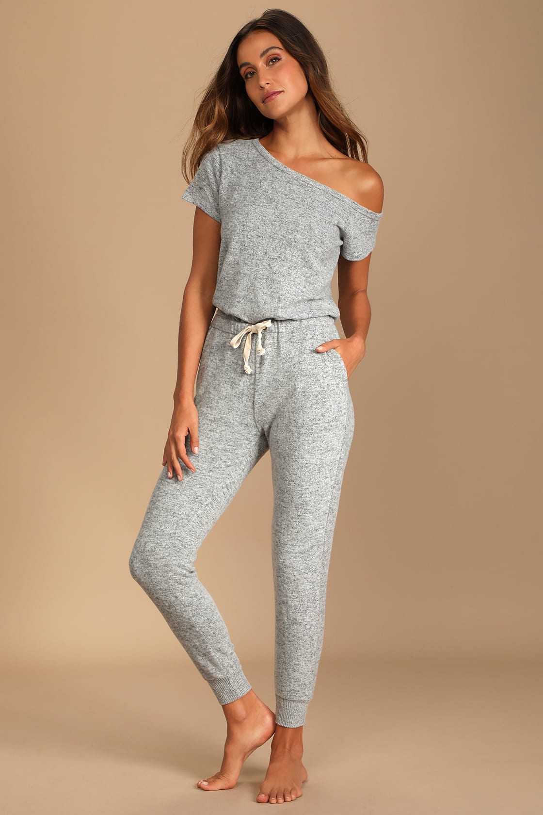 Relaxing Weekend Heather Grey Off-the-Shoulder Lounge Jumpsuit