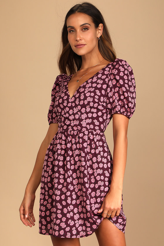 Purple Floral Print Dress - Backless Skater Dress - Mini Dress - Lulus