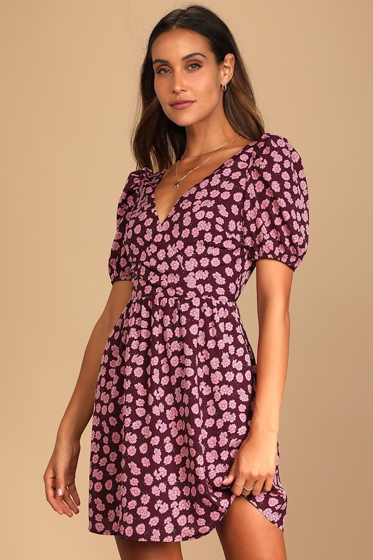 purple floral skater dress Gabrielle | Purple Lily Print Boat-Neck Skater Mini Dress