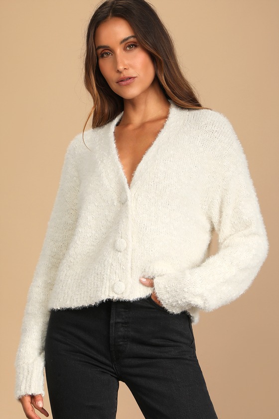 Keep Me Bundled Cream Fuzzy Knit Cardigan Lulus x LUSH
