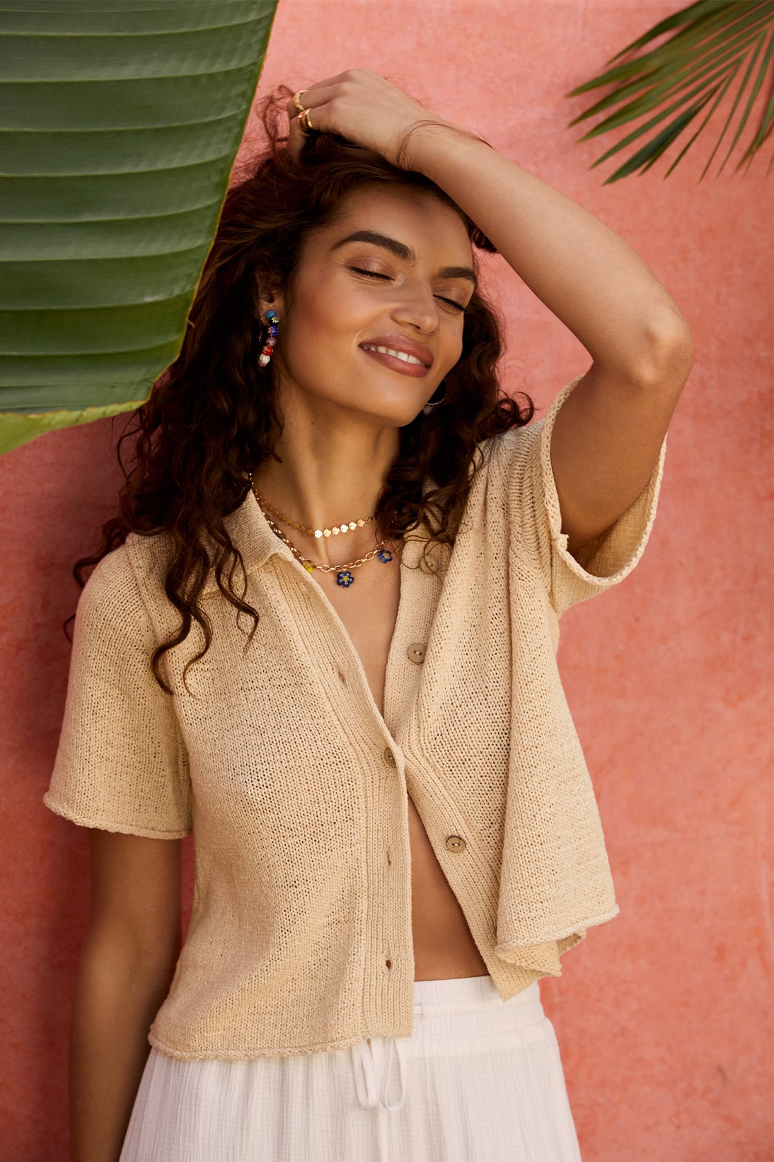 Beige Sweater Top - Short Sleeve Top - Women's Tops - Button-Up - Lulus