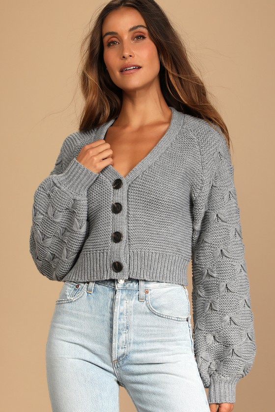 Grey Knit Cardigan - Balloon Sleeve Sweater - Button-Up Cardigan - Lulus