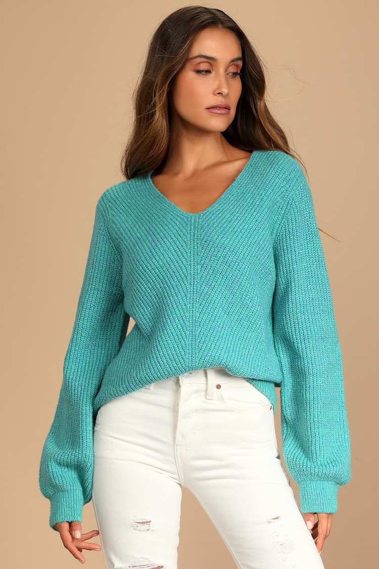 Change Things Up Teal Multi Knit V-Neck Sweater