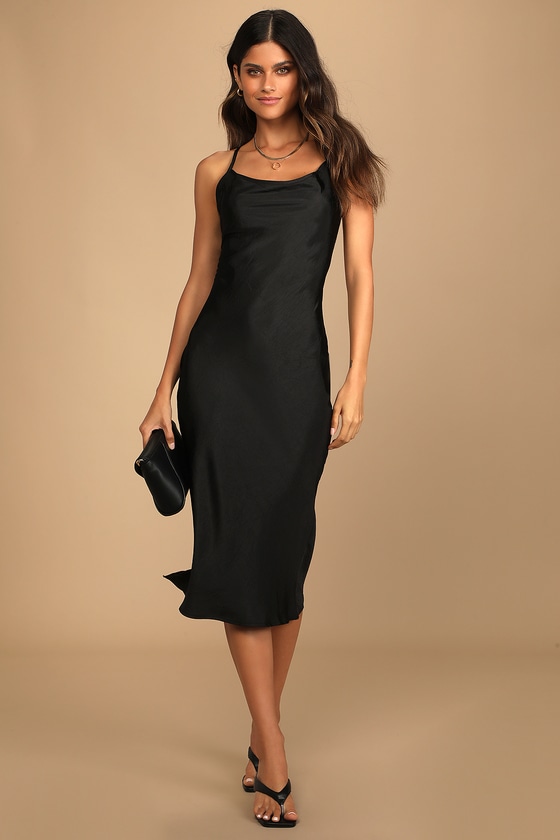 Black Midi Dress - Cowl Neck Dress - Lulus