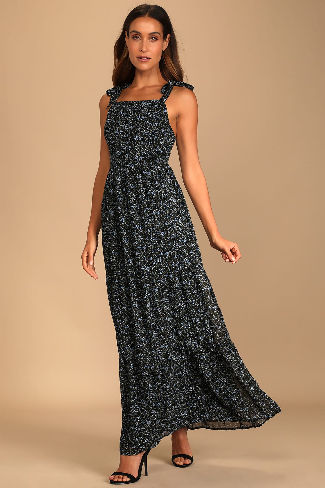 Black Floral Print Dress - Tiered Maxi Dress - Tie-Strap Dress - Lulus