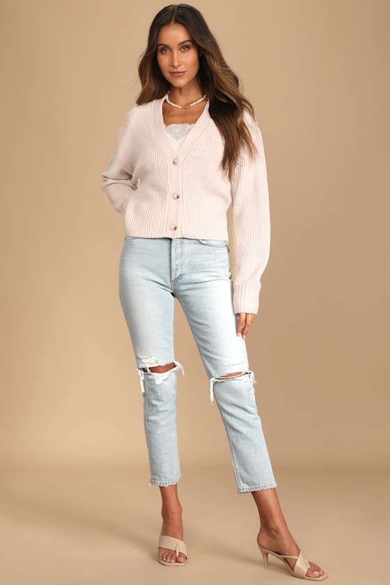 Coney Island Beige V-Neck Button-Up Cardigan Sweater 12