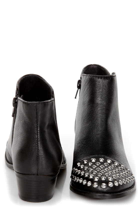 Steve Madden Praque Black Leather Studded Cap-Toe Ankle Booties - $129.00