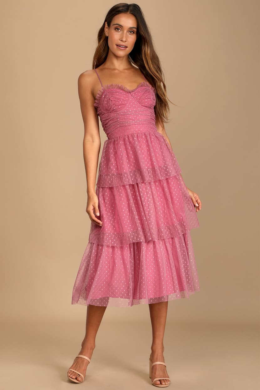 Mauve Polka Dot Dress - Tiered Midi Dress - Bustier Dress - Lulus
