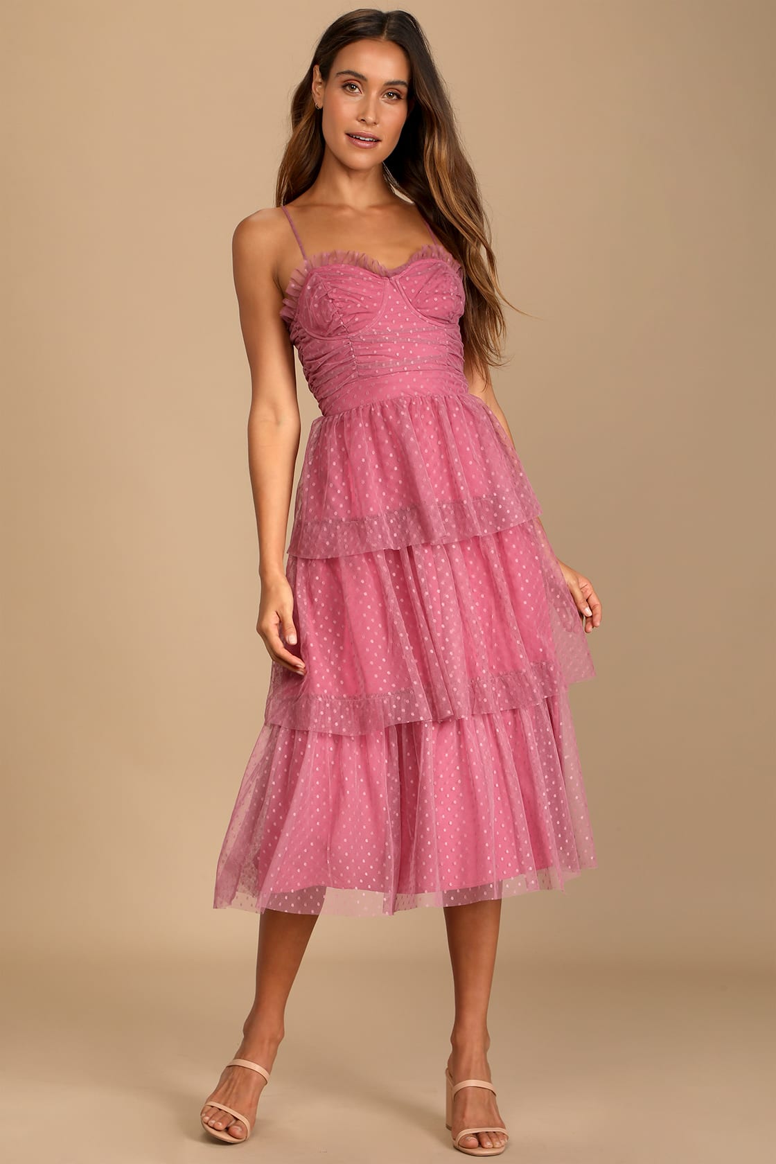 Sweetheart Style Mauve Polka Dot Bustier Tiered Midi Dress