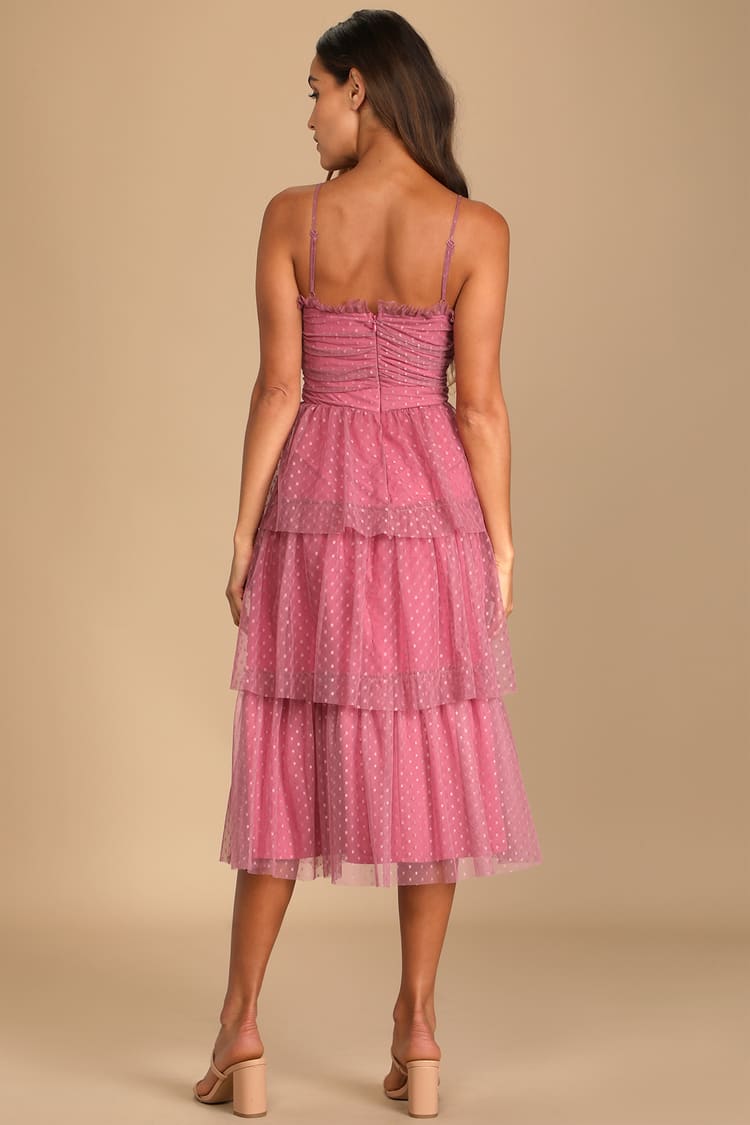 Sweetheart Style Mauve Polka Dot Bustier Tiered Midi Dress