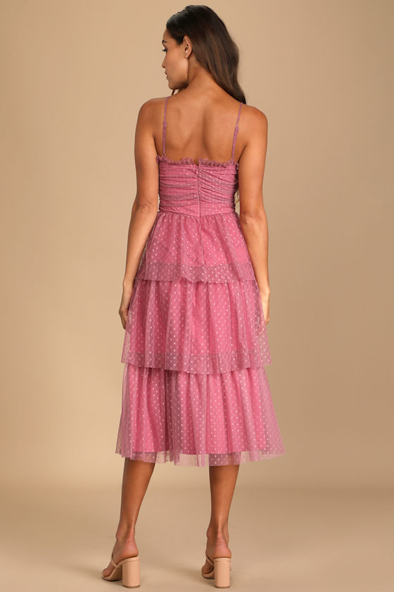 Sweetheart Style Mauve Polka Dot Bustier Tiered Midi Dress 2