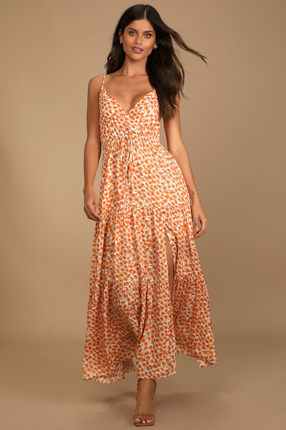 Orange Floral Print Dress Tiered Maxi Dress Surplice Dress Lulus