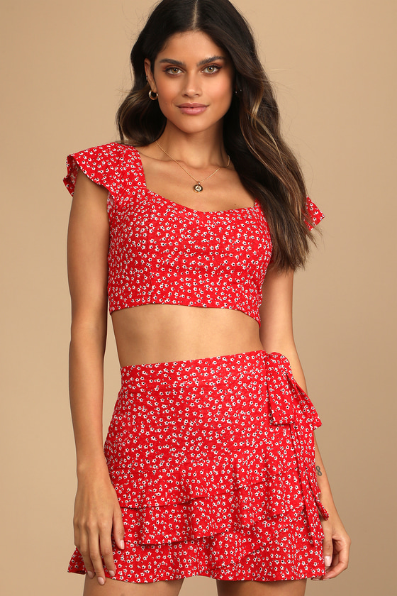 Red Crop Top - Floral Print Top - Tie-Back Top - Short Sleeve Top - Lulus
