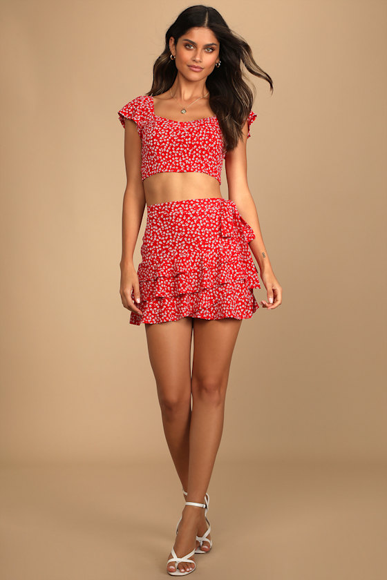 Flourishing Moments Red Floral Print Side-Tie Tiered Mini Skirt 6