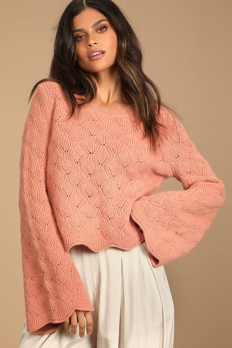 Rose Pink Sweater Cable Knit Sweater - Pointelle Knit Sweater - Lulus