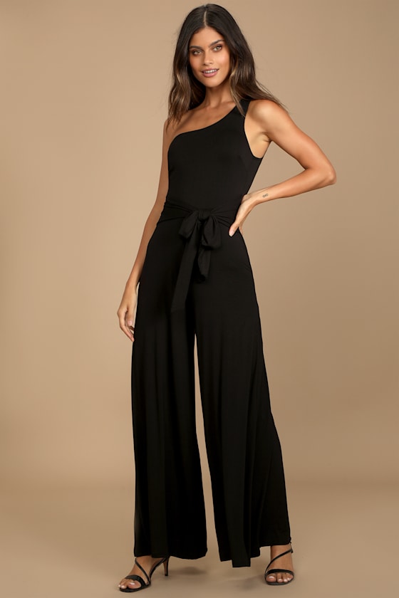 Sunny Soiree Black One-Shoulder Tie-Front Jumpsuit 9